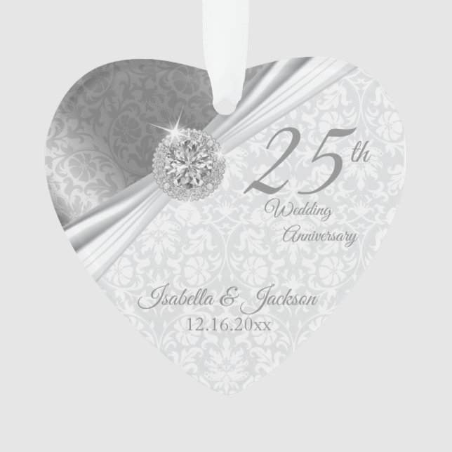 Classy Damask - 25th Silver Wedding Anniversary Ornament (Front)