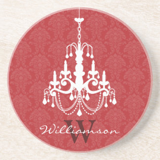 Classy Damask Chandelier Monogram Coaster (red)