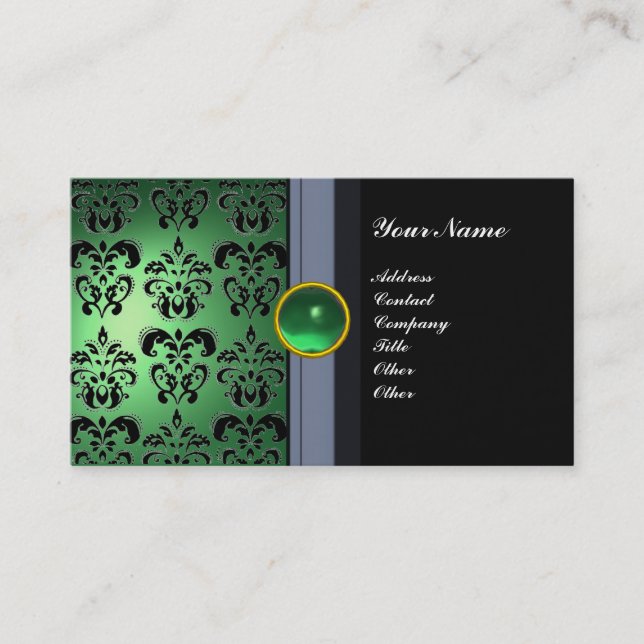 CLASSY DAMASK GEM MONOGRAM black green Business Card (Front)
