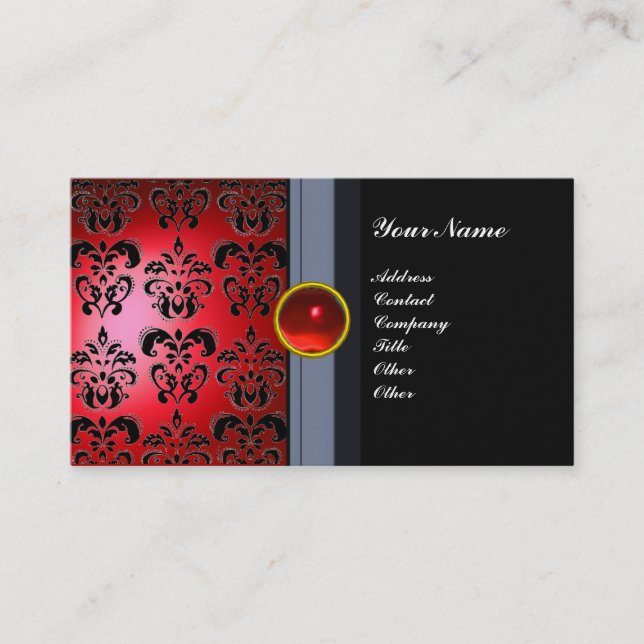 CLASSY DAMASK GEM MONOGRAM black red Business Card (Front)
