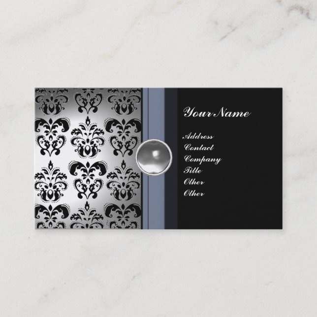 CLASSY DAMASK GEM MONOGRAM black white Business Card (Front)