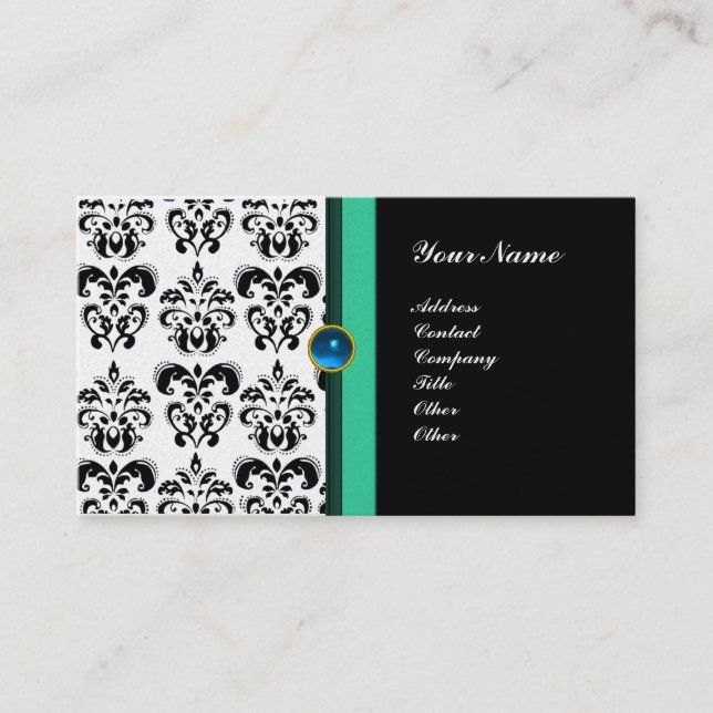 CLASSY DAMASK MONOGRAM ,black sapphire gold Business Card (Front)