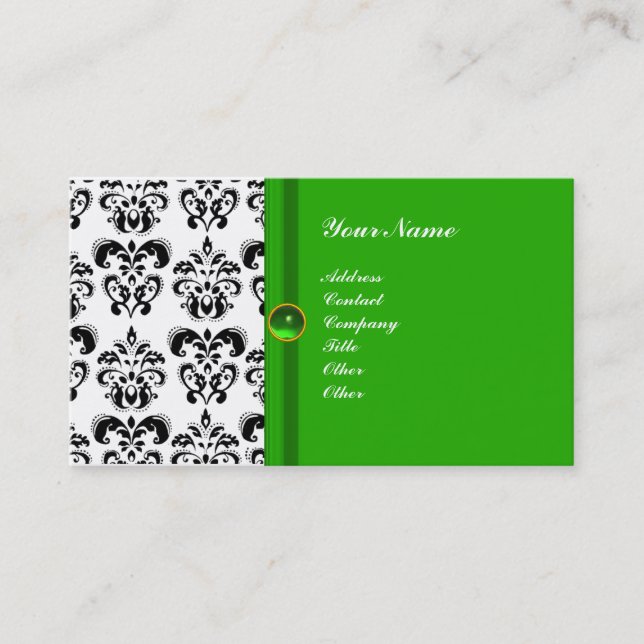 CLASSY DAMASK MONOGRAM green black white Business Card (Front)