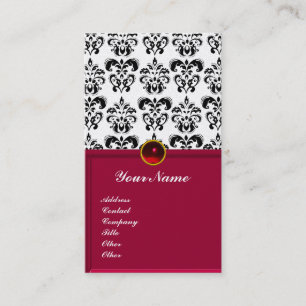 CLASSY DAMASK MONOGRAM red burgundy platinum Business Card