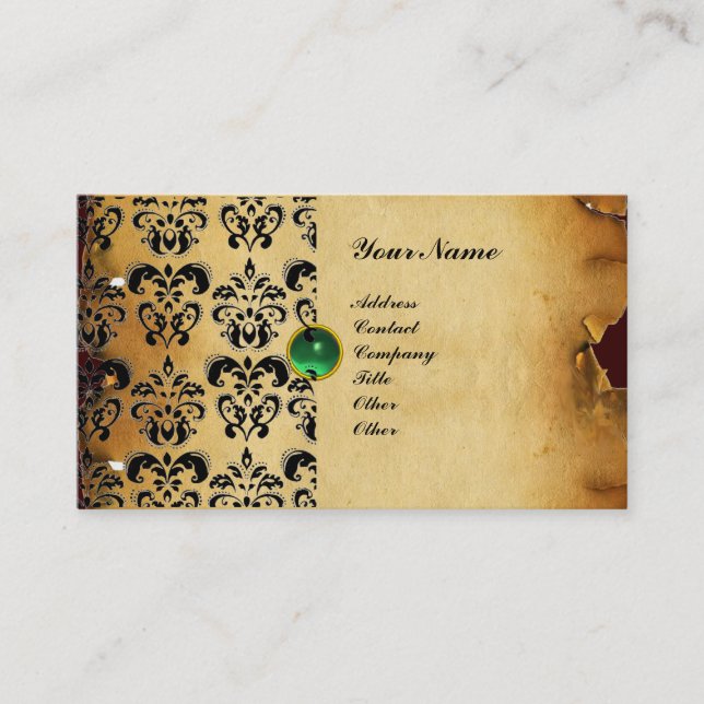 CLASSY DAMASK PARCHMENT MONOGRAM green emerald Business Card (Front)