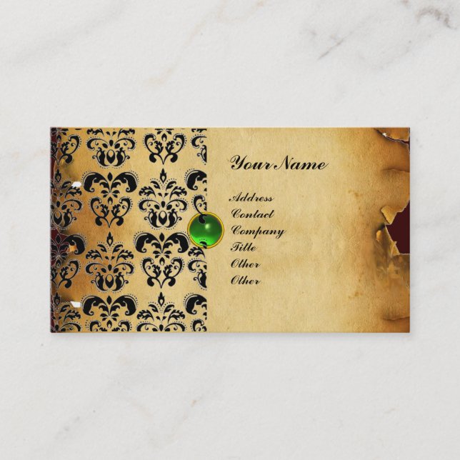 CLASSY DAMASK PARCHMENT MONOGRAM green emerald Business Card (Front)