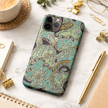 Classy Dark Blue Turquoise Paisley Floral Pattern iPhone 11 Pro Max Case<br><div class="desc">Beautiful contemporary aqua turquoise,  teal blue green,  and taupe brown coloured embossed looking vintage paisley flowers pattern. Ornate,  funky,  modern and whimsical hipster design for the fancy and elegant artistic fashionista or artsy fashion diva,  popular hip trendsetter,  vintage retro,  nouveau deco art style or abstract graphic motif lover.</div>
