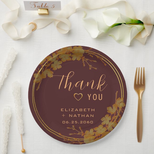 Classy Dark Burgundy & Gold Floral Thank You Paper Plate (Wedding)