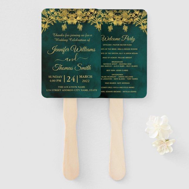 Classy Dark Green and Golden Wedding Program Hand Fan (Front and Back)