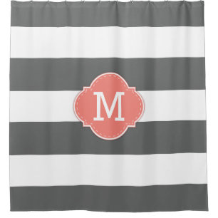 Classy Dark Grey and White Stripes with Monogram Shower Curtain