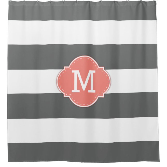 Classy Dark Grey and White Stripes with Monogram Shower Curtain (Front)