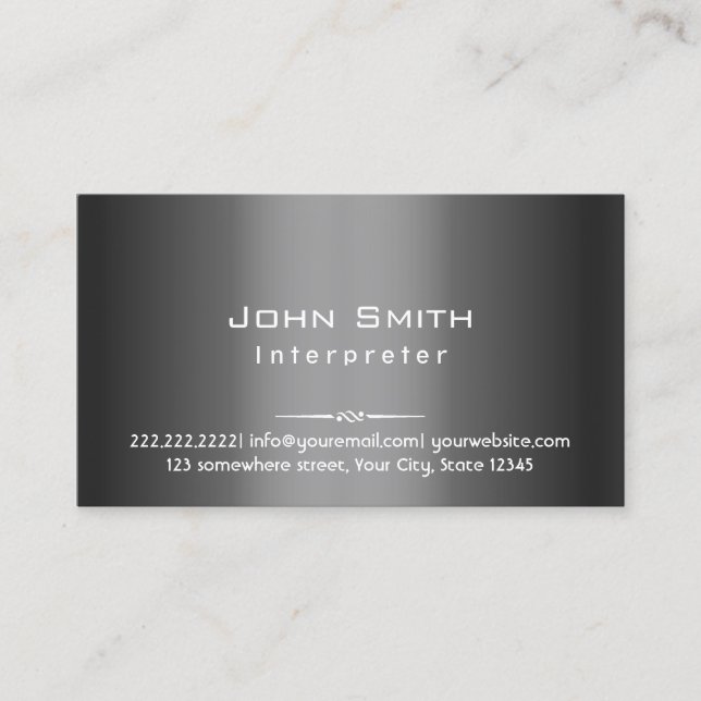 Classy Dark Grey Metal Interpreter Business Card (Front)