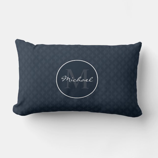 Classy Dark Navy Blue Custom Monogram Lumbar Cushion (Front)
