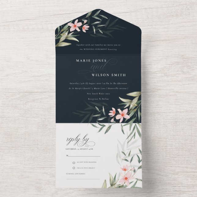 Classy Dark Navy Blush Greenery Floral Wedding All In One Invitation (Inside)