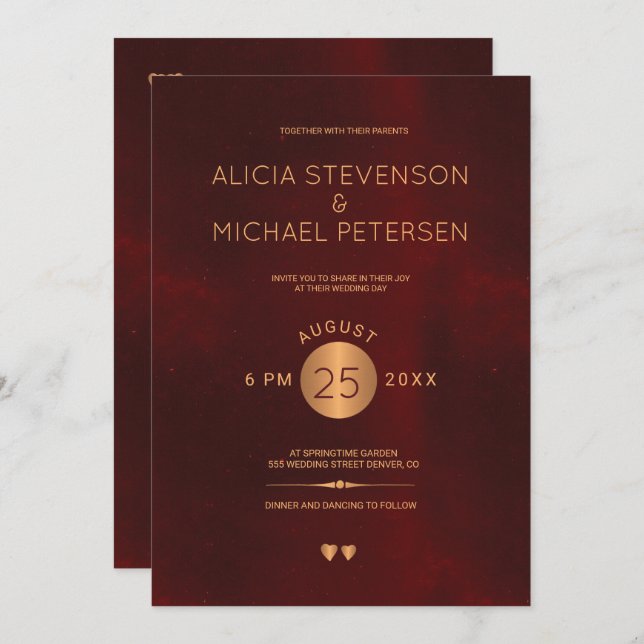 Classy dark red burgundy metallic copper wedding invitation (Front/Back)