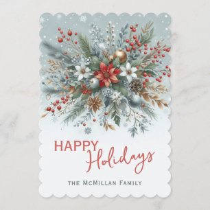 Classy Dark Red Teal Blue Floral Holiday Wreath Card