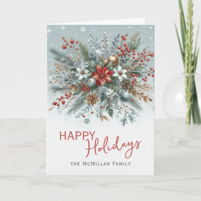 Classy Dark Red Teal Blue Green Floral Wreath Holiday Card (Front)