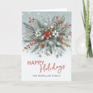 Classy Dark Red Teal Blue Green Floral Wreath Holiday Card