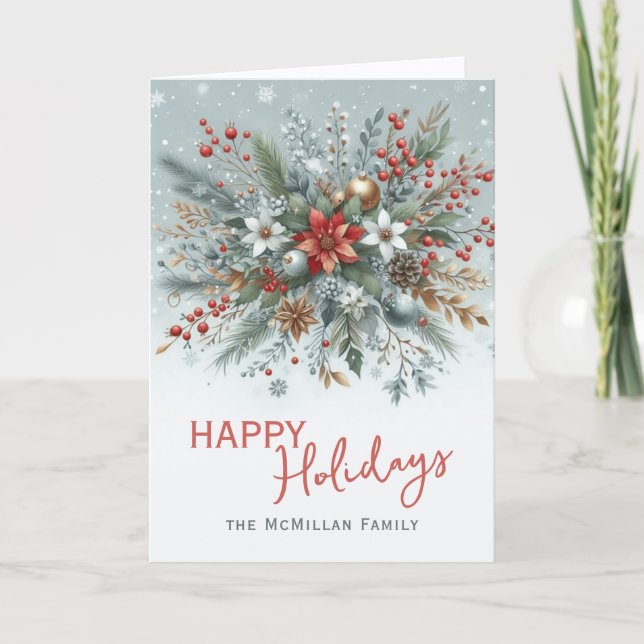 Classy Dark Red Teal Blue Green Floral Wreath Holiday Card (Front)