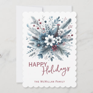 Classy Dark Teal Blue Red Floral Holiday Wreath Card