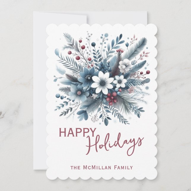 Classy Dark Teal Blue Red Floral Holiday Wreath Card (Front)
