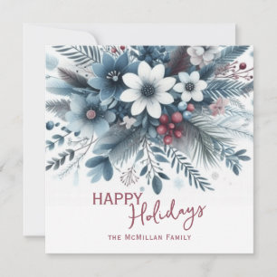 Classy Dark Teal Blue Red Floral Holiday Wreath Card