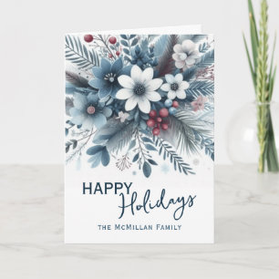 Classy Dark Teal Blue Red Floral Holiday Wreath Card