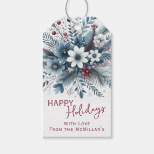 Classy Dark Teal Blue Red Floral Holiday Wreath Gift Tags