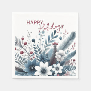 Classy Dark Teal Blue Red Floral Holiday Wreath Napkin