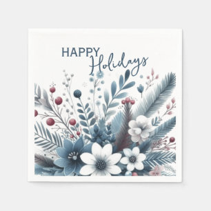 Classy Dark Teal Blue Red Floral Holiday Wreath Napkin