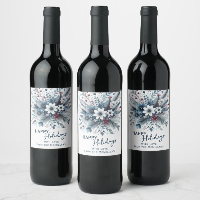 Classy Dark Teal Blue Red Floral Holiday Wreath Wine Label (Bottles)