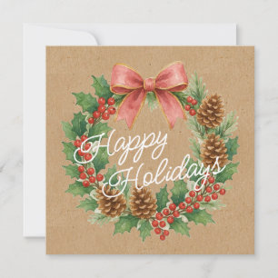 Classy December Wreath With Pink Bow Holiday Card