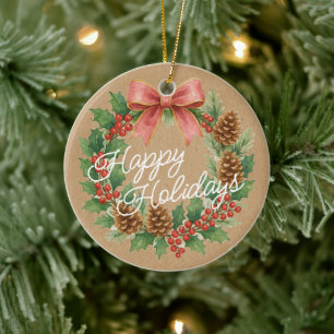 Classy December Wreath With Pink Bow Watercolor Ceramic Tree Decoration