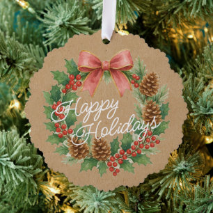 Classy December Wreath With Pink Bow Watercolor Tree Decoration Card