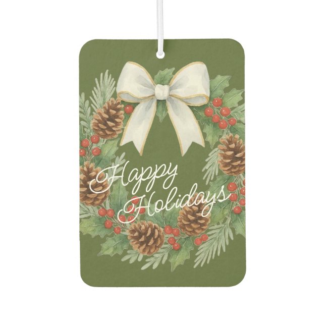 Classy December Wreath With White Bow Holiday Car Air Freshener (Front)