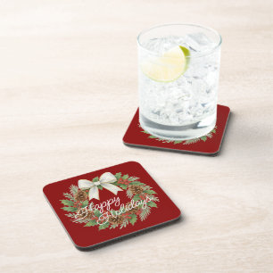 Classy December Wreath With White Bow Holiday Coaster