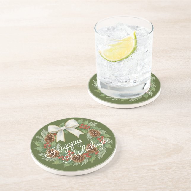 Classy December Wreath With White Bow Holiday Coaster (Side)