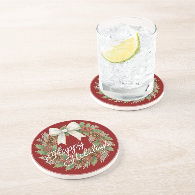 Classy December Wreath With White Bow Holiday Coaster (Side)