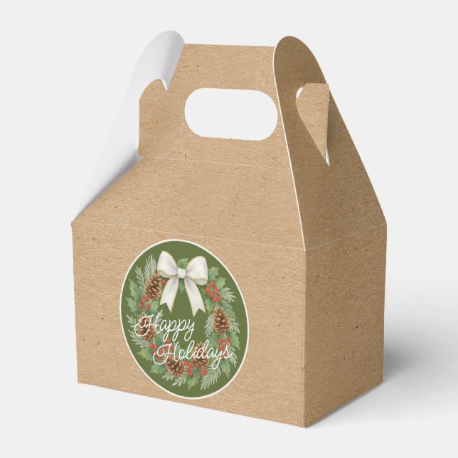 Classy December Wreath With White Bow Holiday Favour Box (Front Side)