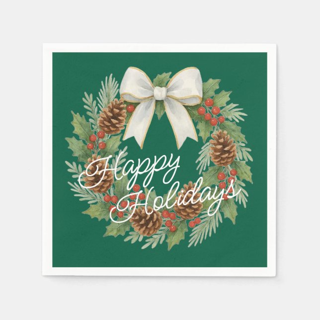 Classy December Wreath With White Bow Holiday Napkin (Front)