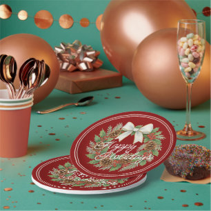 Classy December Wreath With White Bow Holiday Paper Plate