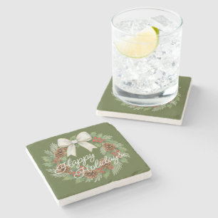 Classy December Wreath With White Bow Holiday Stone Coaster