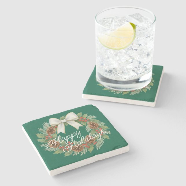 Classy December Wreath With White Bow Holiday Stone Coaster (Side)