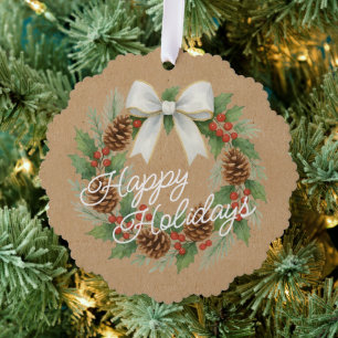 Classy December Wreath With White Bow Watercolor Tree Decoration Card