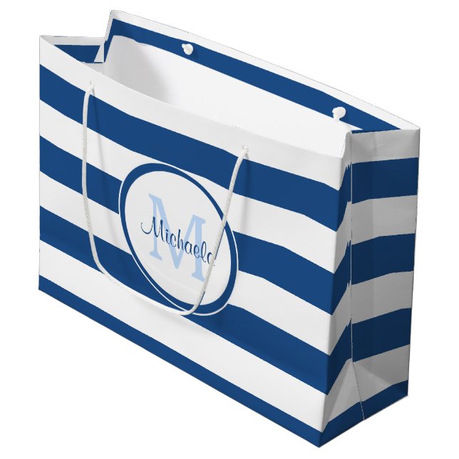Classy Deep Blue Stripes Pattern With Name Large Gift Bag (Front Angled)