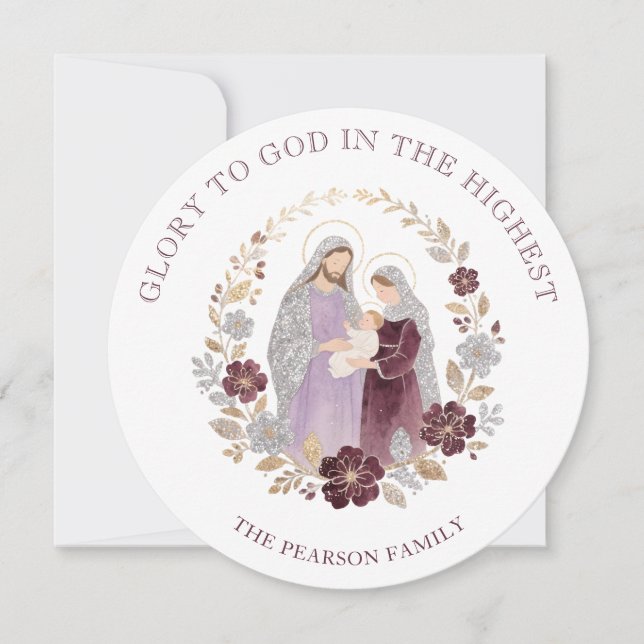 Classy Deep Plum Glitter Holy Nativity Christmas Holiday Card (Front)