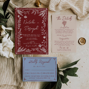 Classy Deep Red Blue Floral Modern Wedding Invitation