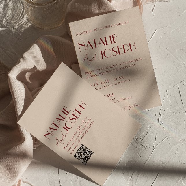 Classy Deep Red Blue QR Code Modern Wedding Invitation (Creator Uploaded)