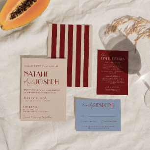 Classy Deep Red Blue Whimsical Modern Wedding Invitation