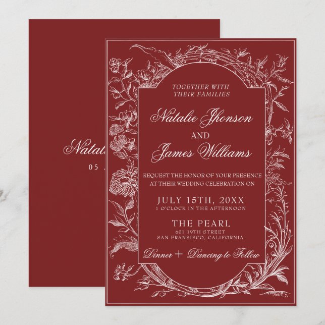 Classy Deep Red Floral Boho Botanical Wedding Invitation (Front/Back)